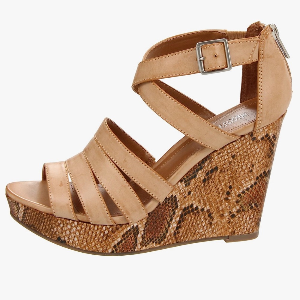 Kenneth Cole Reaction Tan Vegan Strap Snake Wedge Sandals Women’s 8M